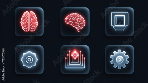 Cognitive Concepts: An illuminated display of cognitive concepts against a dark background, showcasing glowing brain imagery and symbolic icons, suggesting technological and intellectual themes. 