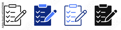 Vector icon or logo of office clipboard with form and checkmarks related to checklist or test document, survey or poll. Symbol for website or app UI, logo design, illustration