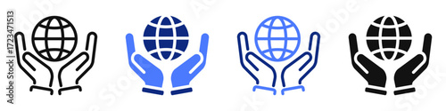 Vector icon or logo of hands holding world globe related to protecting and saving Earth, environment and conservation issues. Symbol for website or app UI, logo design, illustration