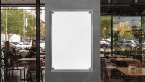 Mockup white paper or white promotion poster displayed on the front of the restaurant, coffee shop Promotion information for marketing announcements and details