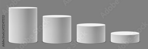 Vector collection of round white pedestals or platforms of different heights for product presentation. Realistic and minimalistic mockup or template