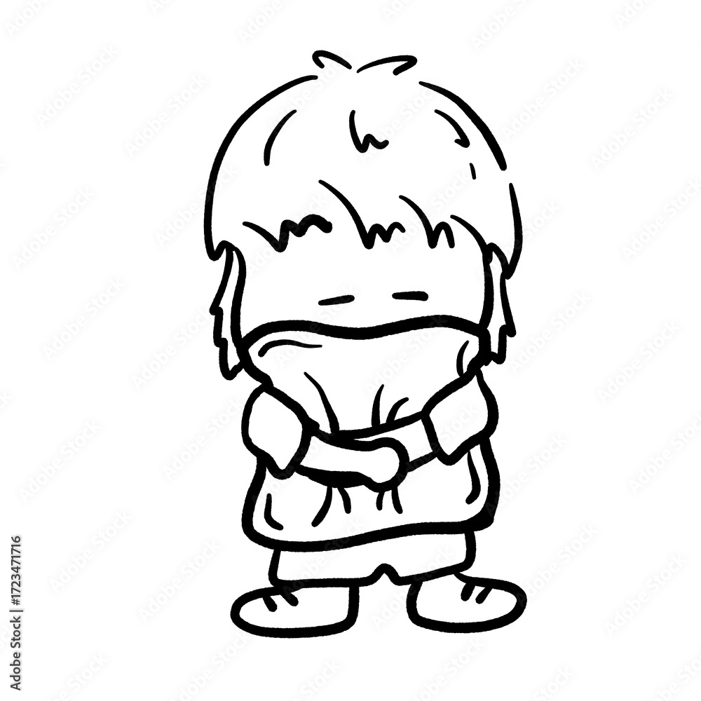 Obraz premium Kid hugging a large pillow with eye closed cartoon outline illustration