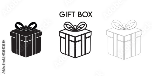 Gift Box Icon Set Vector art of set of three gift boxes with ribbons, including a solid black silhouette, a line art illustration, and a sketch, representing different styles of gift packaging
