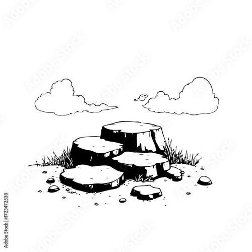 A serene illustration of stacked stones under a tranquil cloudy sky conveying peacefulness and
