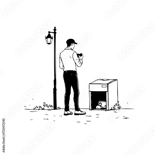 A street scene featuring a man taking a picture near a streetlight and a storage box