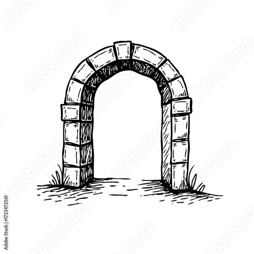 A vintage arched stone gateway illustration showcasing architectural design with textured shading