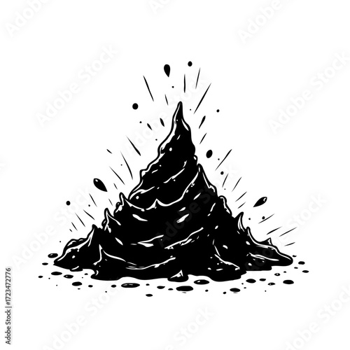 Abstract heap illustration of a dark matter peak with radiating lines and surrounding droplets
