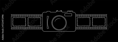 Photo camera outline, editable line icon with 4 frames fim reel vector design on black background. Analog retro camera to use for photography, photo frame, cinema, photography competition projects.