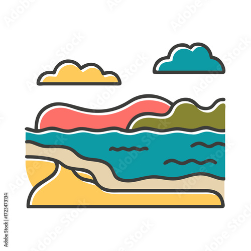 Colorful flat illustration of a serene beach landscape with gentle waves, sandy shore, vibrant hills, and fluffy clouds creating a peaceful atmosphere for relaxation and escape