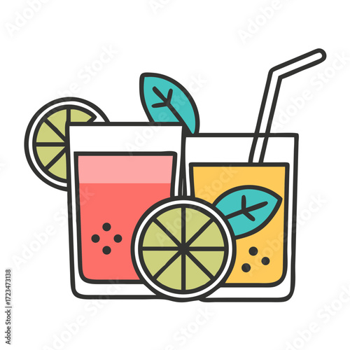 Colorful illustration of two refreshing beverages with citrus slices and mint leaves, showcasing vibrant colors and summer vibes, perfect for seasonal promotions and marketing materials