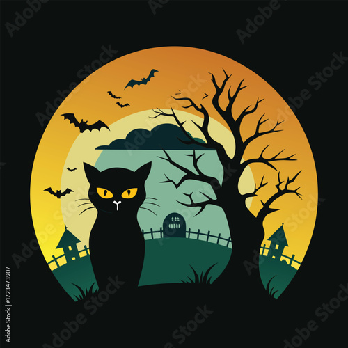 Creepy Black Cat Halloween Silhouette Illustration