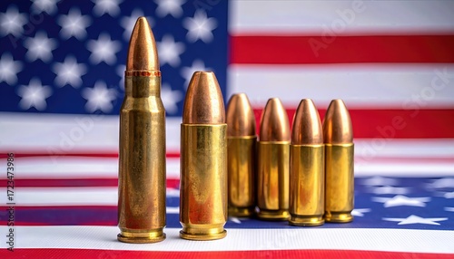 American Caliber Ammunition on Blurred USA Flag Background