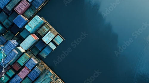 facility. An aerial view of geometric shipping containers forming an abstract industrial landscape. safety posters.