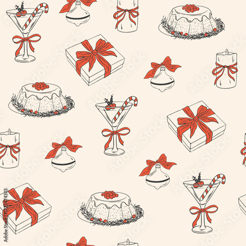 Christmas vintage preppy seamless pattern. Hand drawn chalk holiday background with bow, candle, gift, cocktails. Vector ink retro winter holiday print for textile, fabric, wallpaper, wrapping paper.