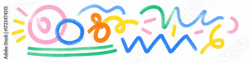 Collection colorful bold curved lines with loops isolated on white. Hand drawn bold grunge wavy and swirled brush strokes. Simple childish vector scribbles and squiggles. Creative trendy style design.