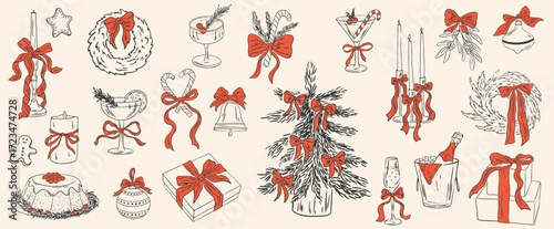 Hand drawn chalk Merry Christmas doodle set. Retro vintage new year party. Christmas tree, gift boxes, stars, winter holiday, champagne, wreath, candle, cake, Christmas toys, bows. Vector illustration