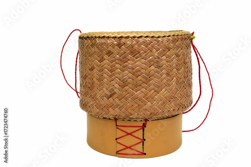 Handwoven bamboo sticky rice container with white background – perfect for keeping sticky rice warm and fresh in traditional Thai style