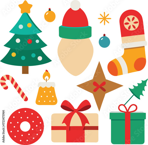 Vector art of a vibrant assortment of christmas symbols such as a decorated tree, snowman head, festive stocking, candy cane, gift boxes, and ornaments, isolated on a