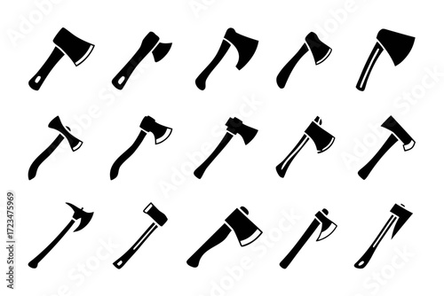 Axe icons featuring a variety of different axe designs, including hatchets, splitting axes, and felling axes for lumberjack work
