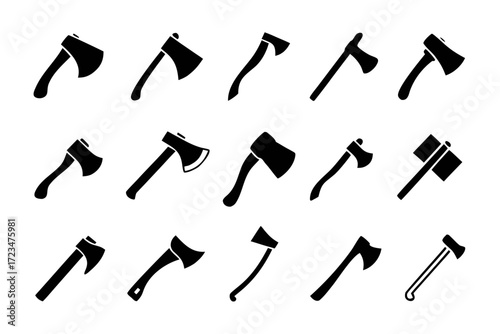 Axe icons showcasing various axe designs, including hatchets, splitting axes, and felling axes for lumberjack work and chopping
