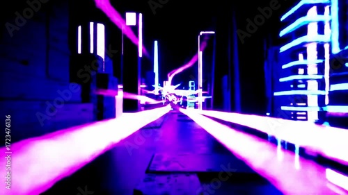 Neon City With Glowing Beams And Building Silhouettes In A Futuristic Perspective View Scene