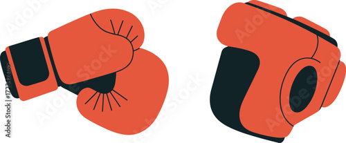 Pair of red boxing gloves and headgear ready for combat