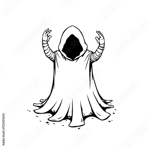 Eerie cloaked figure illustration conveying mystery and a sense of foreboding in monochrome stark
