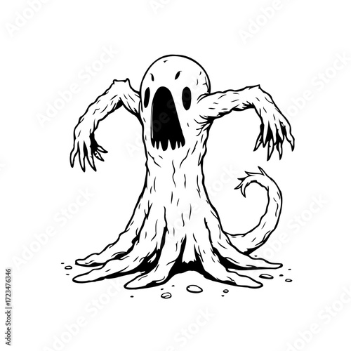 Eerie monochromatic depiction of an enigmatic spectral entity with ragged features in stark