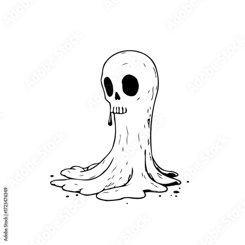 Eerie skeletal figure with distorted physique and melting attributes create a strange