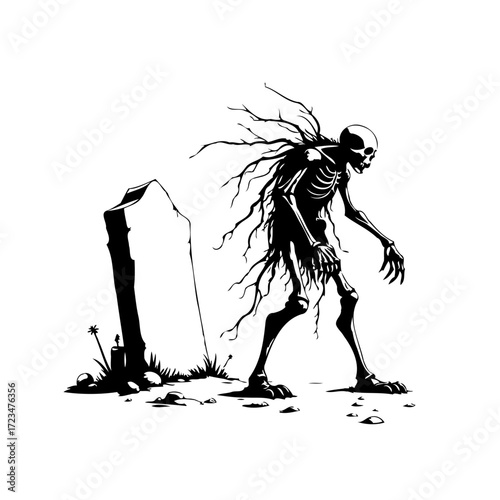 Eerie monochrome illustration featuring a skeletal figure emerging near a tombstone conveying