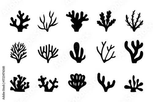 Collection of various coral silhouettes, showcasing different shapes and sizes, perfect for marine life and ocean themed designs