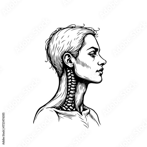 Elegant anatomical drawing depicting a female figure with visible cervical vertebrae showcasing