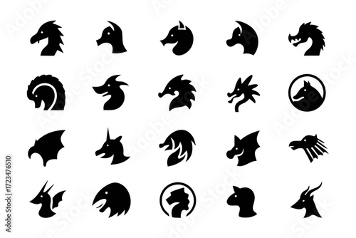 Collection of various dragon head icons, featuring different styles, perfect for game development, logo design, and fantasy art projects