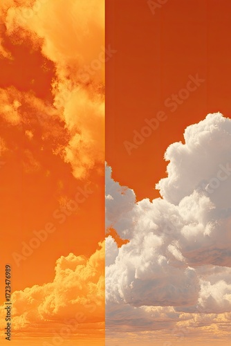 A vertically-oriented diptych showcases two contrasting sky scenes. One half depicts a fiery orange sunset with fluffy clouds, while the other half features a more neutral, 