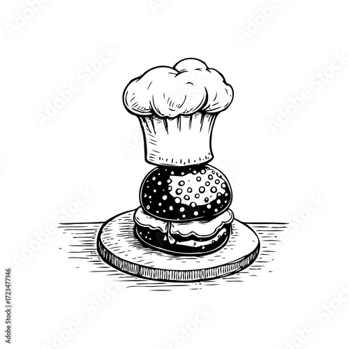 Elegant culinary concept a chef's hat sits atop a meticulously detailed burger presentation a