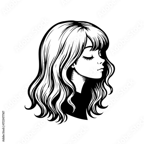 Elegant depiction of a serene woman with wavy hair conveying calmness and subtle beauty black and