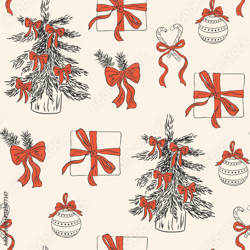 Hand drawn Christmas preppy seamless pattern. Vintage chalk holiday background with bow, Christmas tree, toy, gifts. Vector ink retro winter holiday print for textile, fabric, wallpaper, wrapping pape