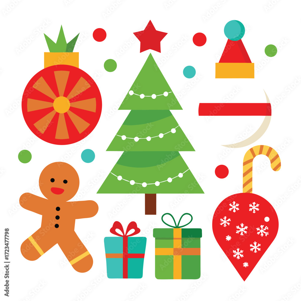 Naklejka premium Vector art of a collection of festive christmas icons including a gingerbread man, christmas tree, gifts, candy cane, and ornaments, isolated on a