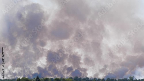 Big Fire Fast Moving by Dry Straw Field Near Forest. Stubble Burning with Smoke and Flames in a Blue Cloudy Sky. Ecology Disaster in Nature. Wildfire