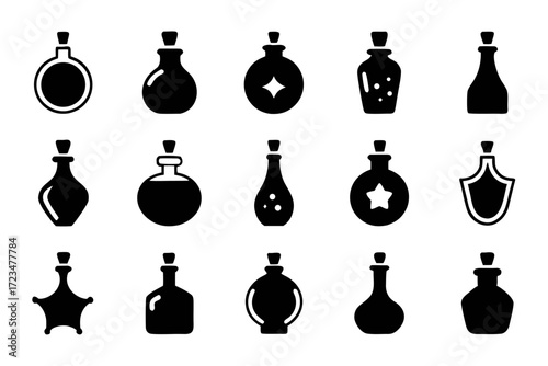 Collection of potion bottle icons set of different potion shapes for magic, alchemy, and witchcraft concept elixir and poison