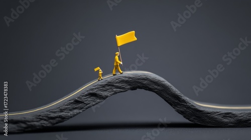 Tiny explorers with yellow banners, undulating path journey, symbolic triumph; Festivus spirit, obscure adventure day celebration