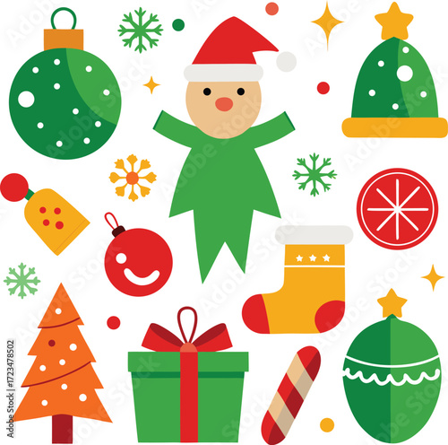 Vector art of a vibrant assortment of christmas symbols such as a santa figure, decorated tree, gift packages, ornaments, candy cane, and festive hat, isolated on a