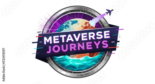 A futuristic digital emblem featuring the Earth and an airplane flying, representing virtual metaverse journeys and advanced technological exploration.