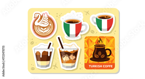 A vibrant collection of diverse coffee drinks, featuring hot and cold varieties with unique designs, perfect for cafe menus and beverage advertisements.