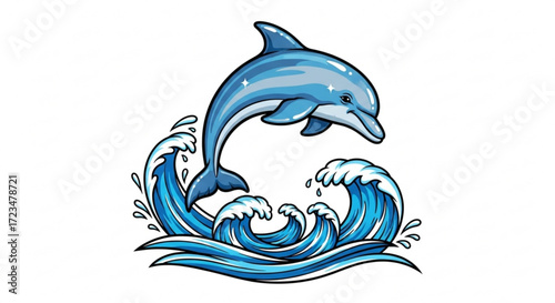 Playful dolphin leaping out of the ocean waves, showcasing its agility and grace in a vibrant marine scene