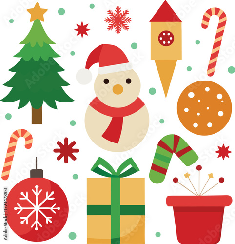 Vector art of a delightful arrangement of christmas symbols including a pine tree, snowman, gift, candy canes, ornaments, and a unique rocketshaped decoration, isolated on a