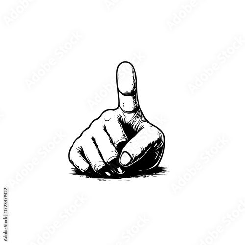 Engraved hand with extended index finger indicating attention or guidance rendered in monochrome