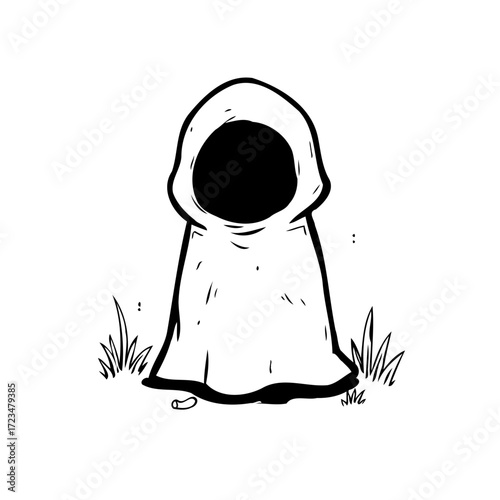 Enigmatic cloaked figure evoking mystery standing on a grassy field illustration on a white