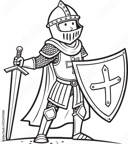 Knight in Armor with Sword and Shield Hand-drawn Vector Illustration, Sketch Drawing Doodle Line Linear Symbol Icon Engraving Coloring Book, Black and White Isolated