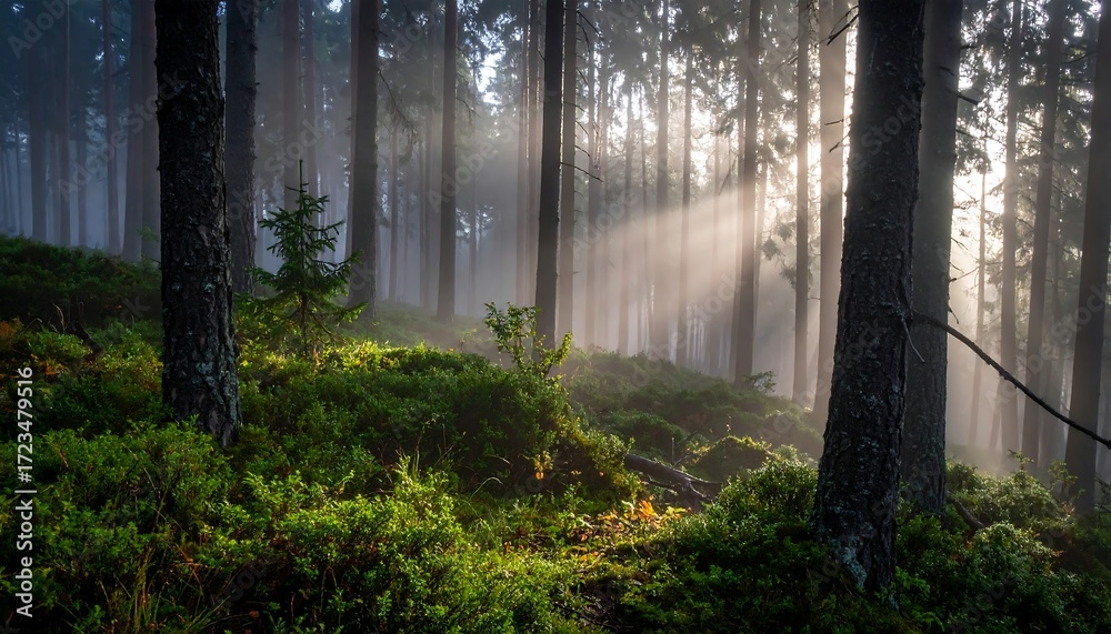 Obraz premium Sunbeams pierce forest fog